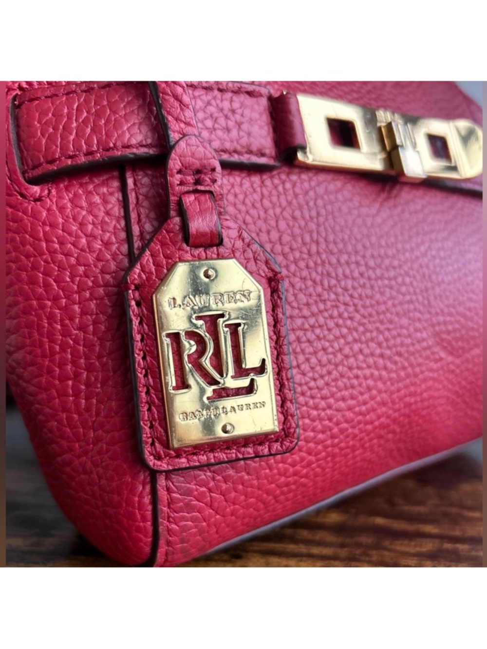 Lauren Ralph Lauren Red Pebbled Leather Crossbody Bag Gold Hardware